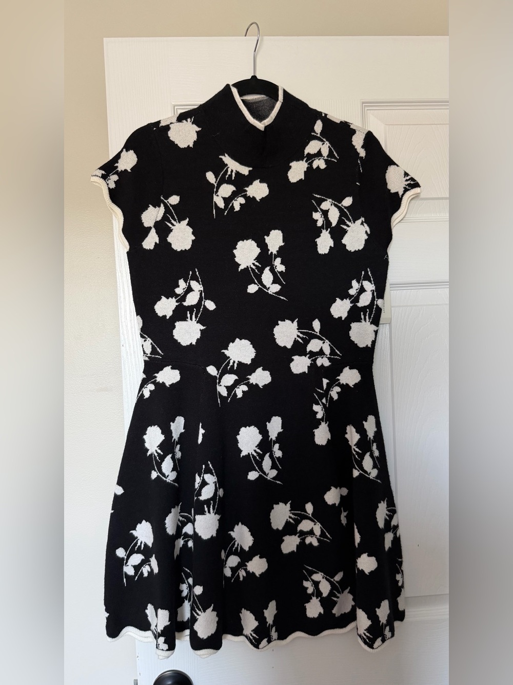 Anthropologie Black and White Floral Knit Fit-and-Flare Midi Dress